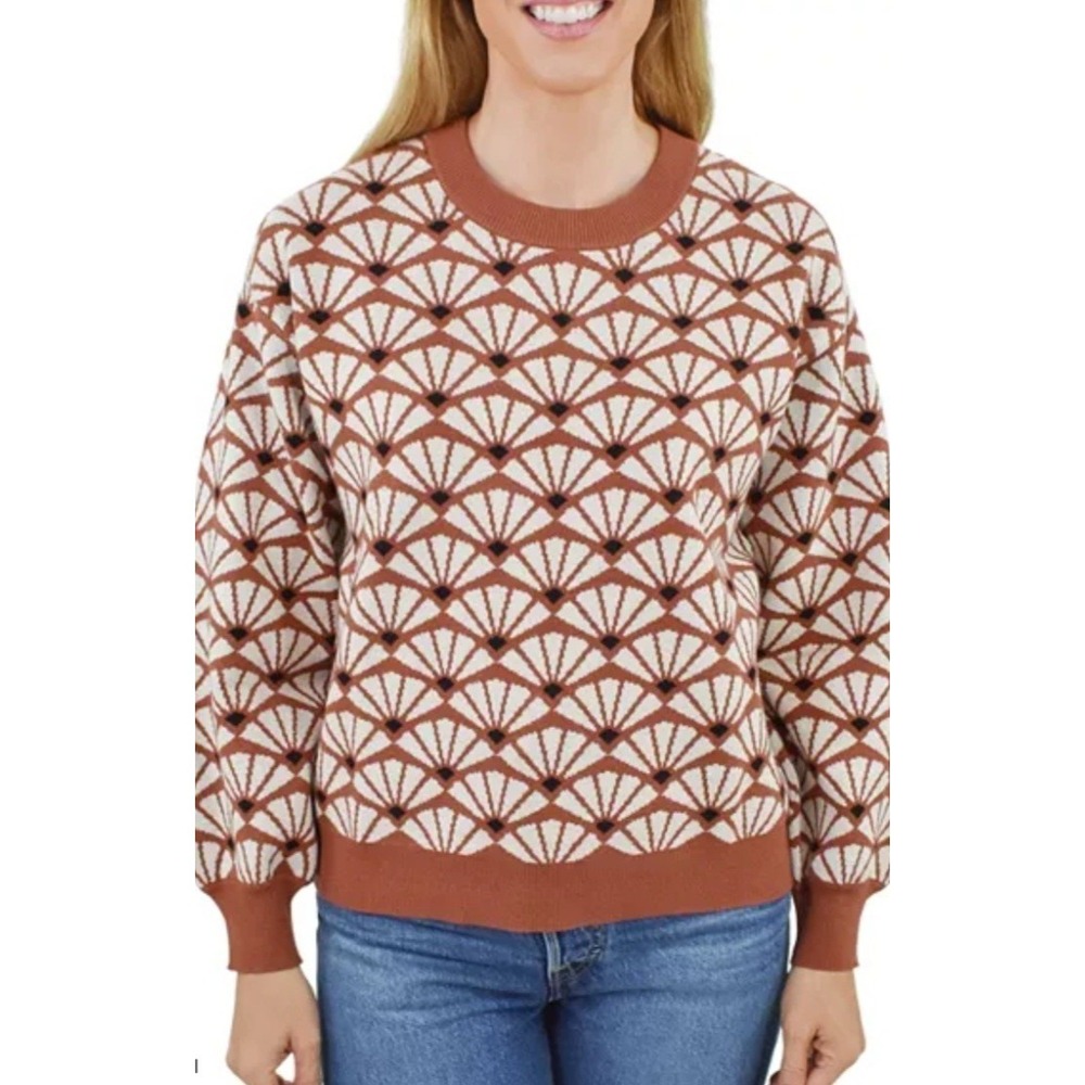 Daniel Rainn Womens Art Deco Geometric Knit Sweater Rust & Cream Blogger Fave XL